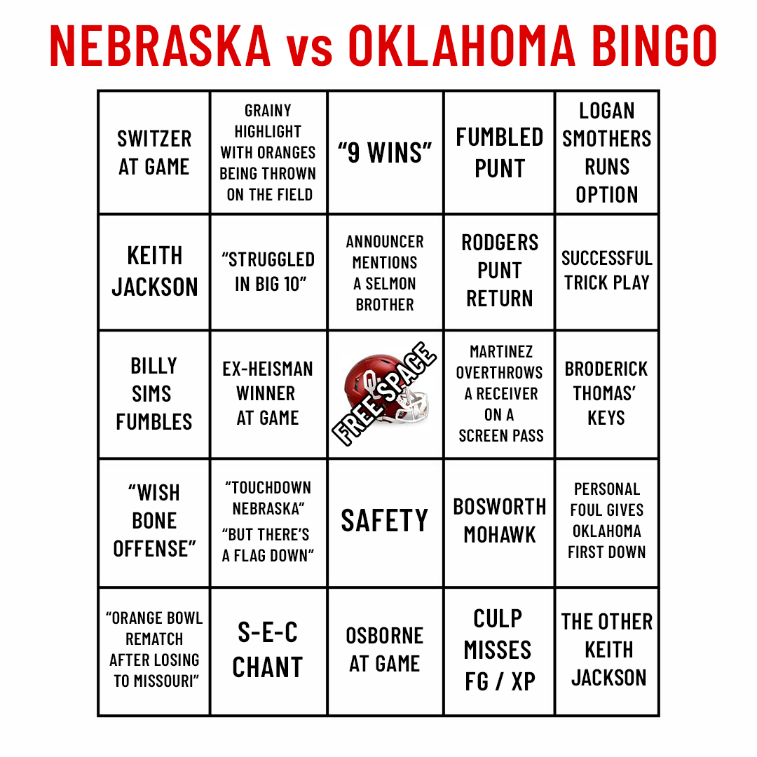Nebraska vs Oklahoma Bingo Card Husker Football